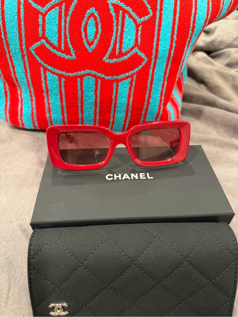 CHANEL Red Rectangular Sunglasses